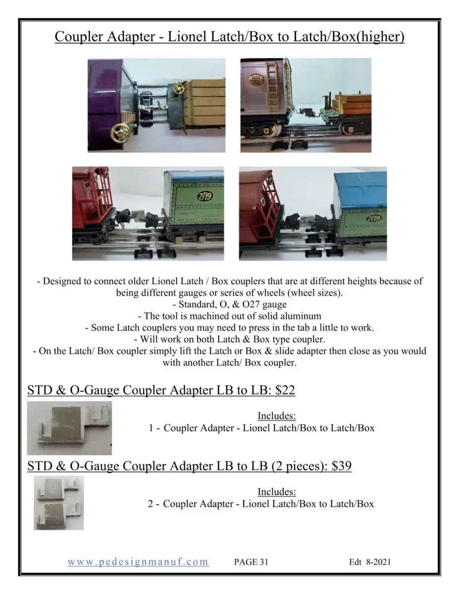 Coupler Adapter - STD & O Ga Lionel Latch/ Box to Latch/Box (1/4" difference in height) - 2 Pack - Image 7